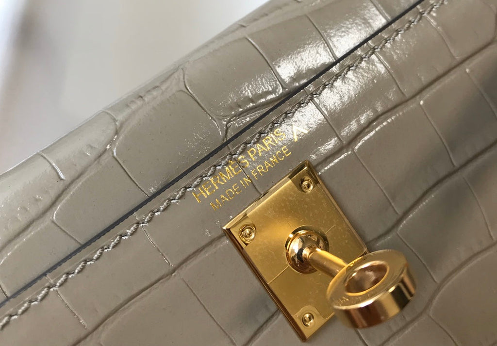 Hermes Kelly Mini II Bag 19 gray Crocodile Leather with Gold Hardware