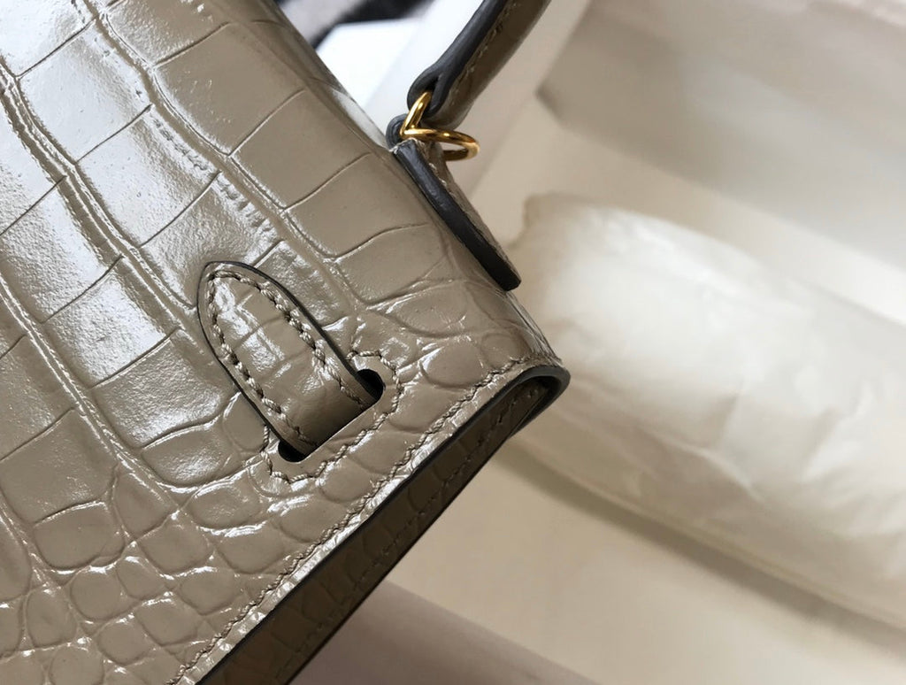 Hermes Kelly Mini II Bag 19 gray Crocodile Leather with Gold Hardware