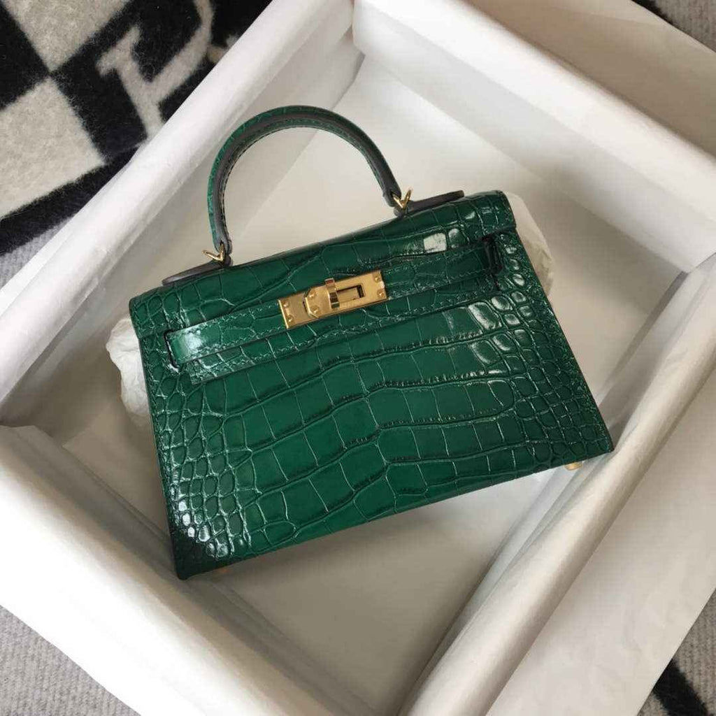 Hermes Kelly Mini II Bag 19 Green Crocodile Leather with Gold Hardware