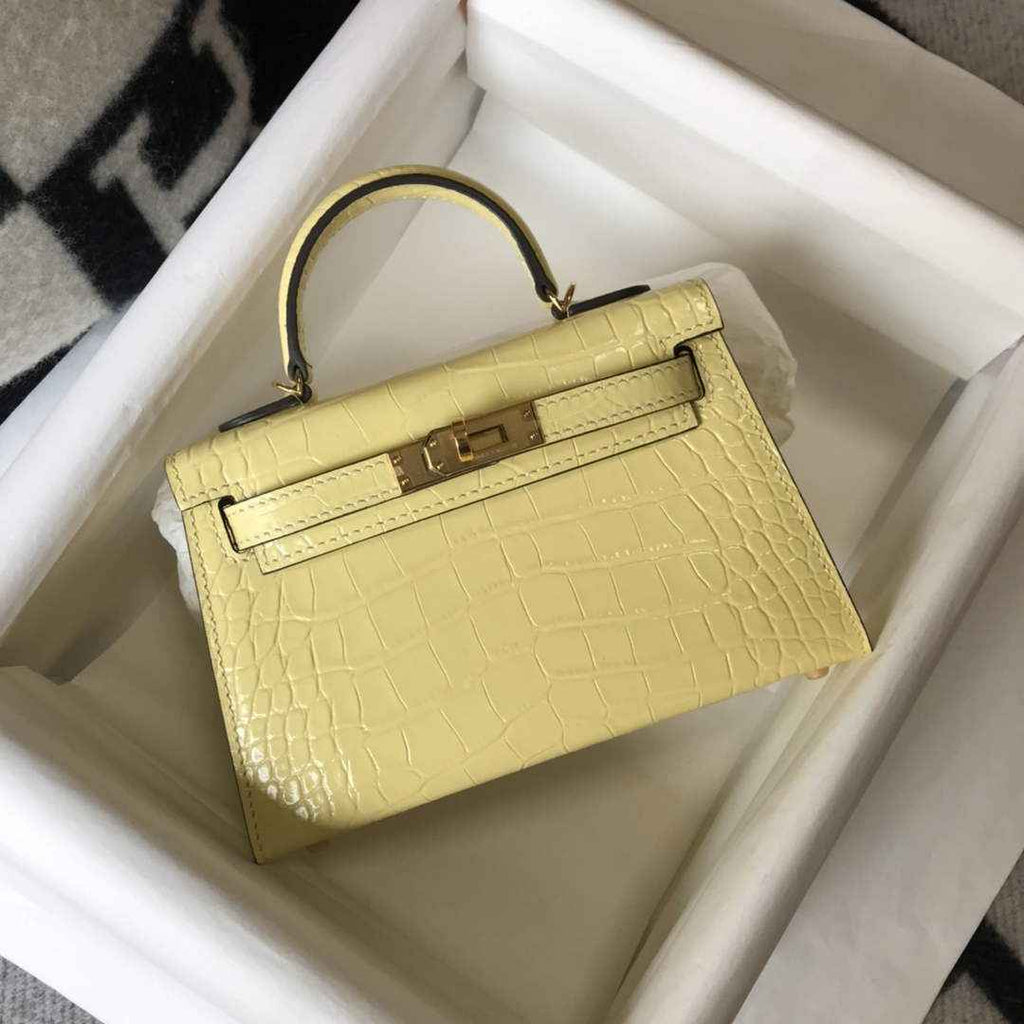 Hermes Kelly Mini II Bag 19 Lemon Yellow Crocodile Leather with Gold Hardware