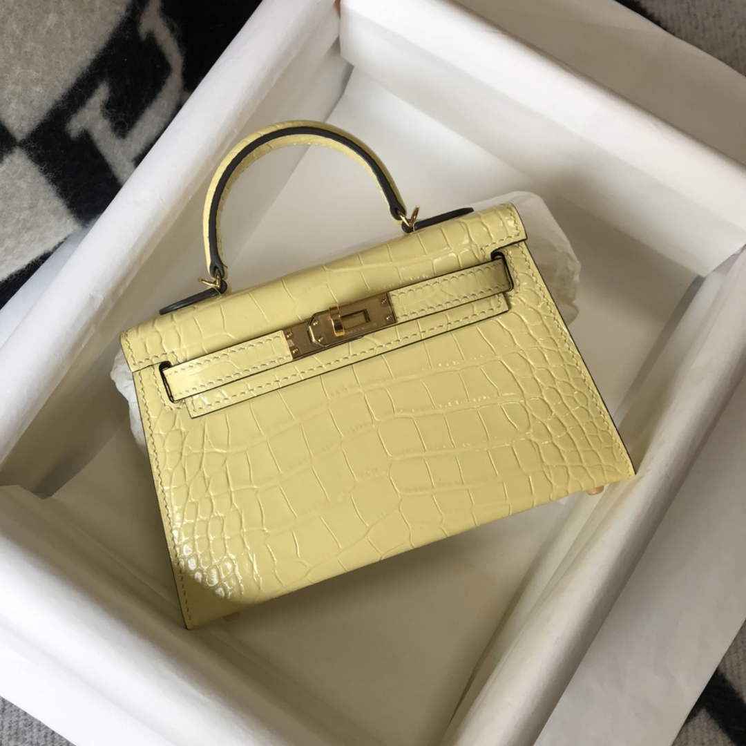 Hermes Kelly Mini II Bag 19 Lemon Yellow Crocodile Leather with Gold Hardware
