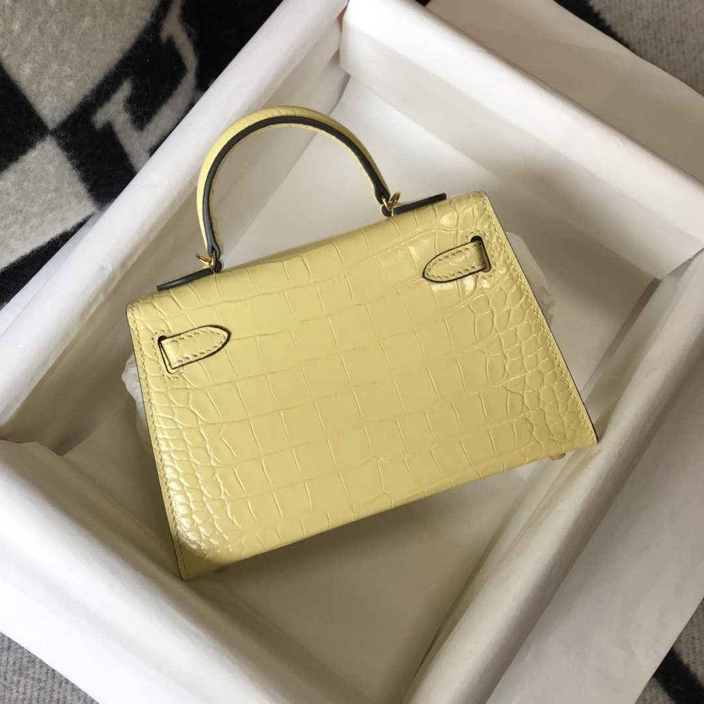 Hermes Kelly Mini II Bag 19 Lemon Yellow Crocodile Leather with Gold Hardware