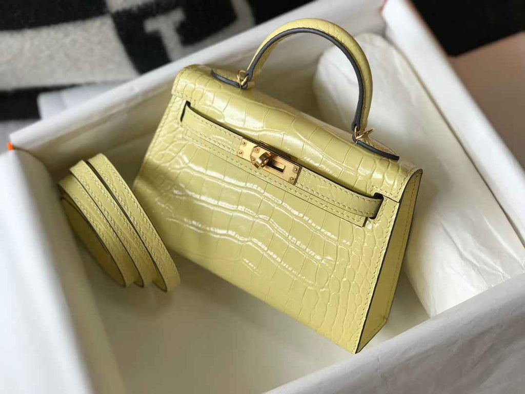 Hermes Kelly Mini II Bag 19 Lemon Yellow Crocodile Leather with Gold Hardware