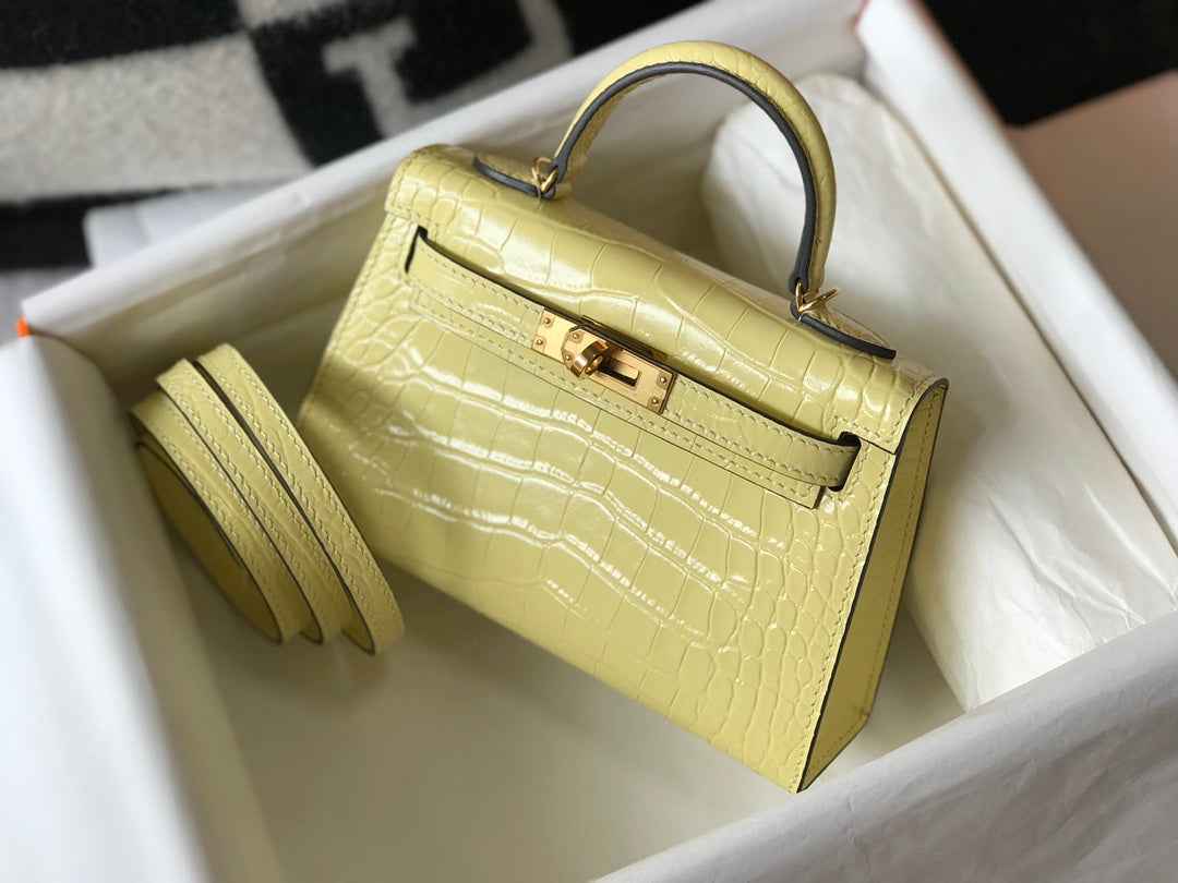 Hermes Kelly Mini II Bag 19 Lemon Yellow Crocodile Leather with Gold Hardware