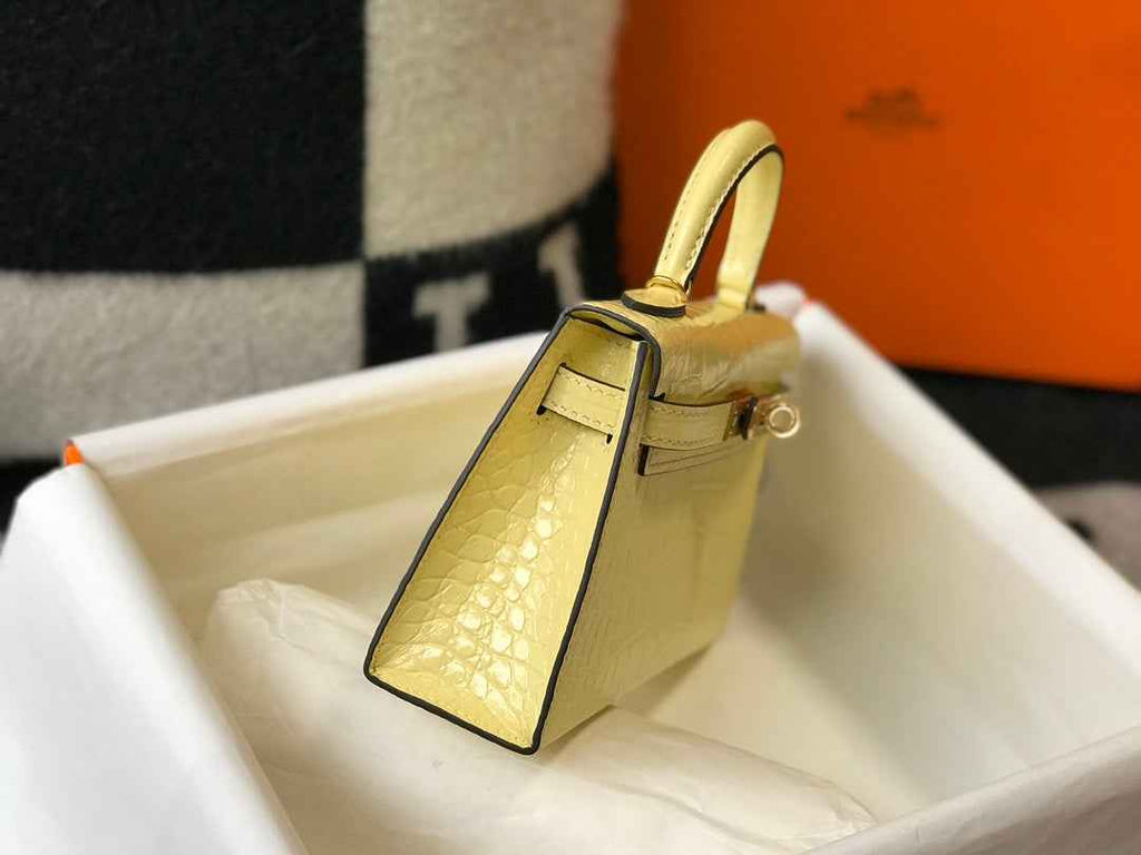 Hermes Kelly Mini II Bag 19 Lemon Yellow Crocodile Leather with Gold Hardware