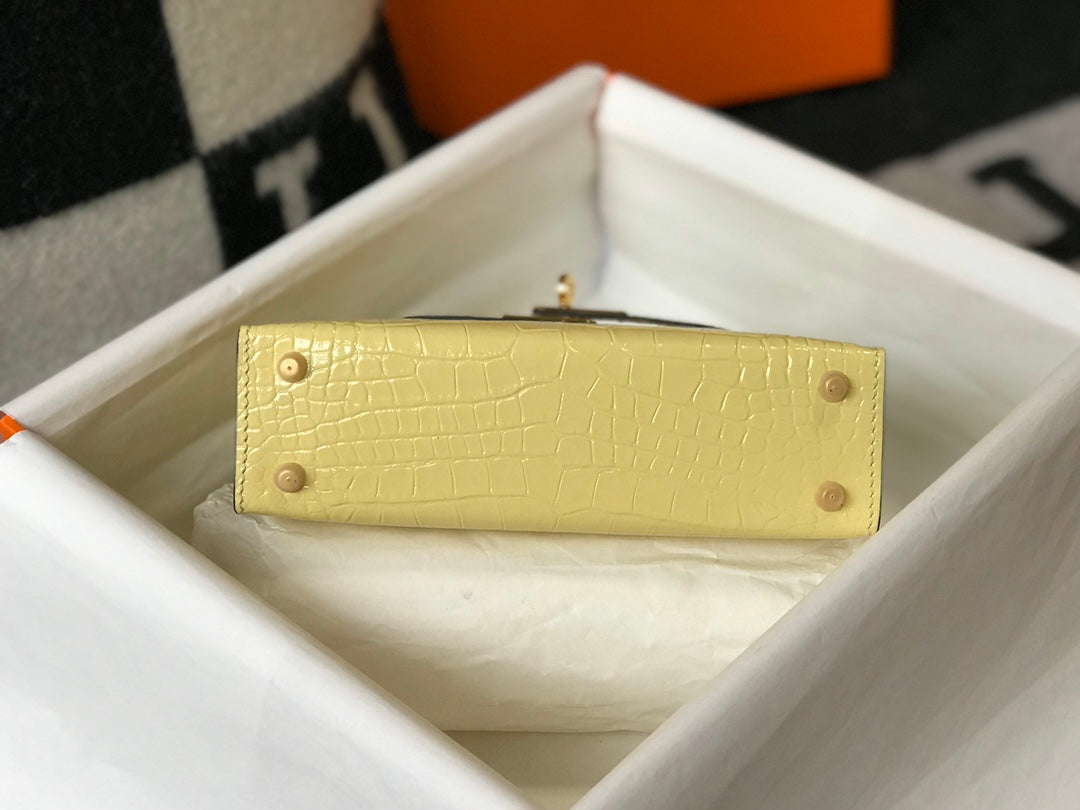 Hermes Kelly Mini II Bag 19 Lemon Yellow Crocodile Leather with Gold Hardware