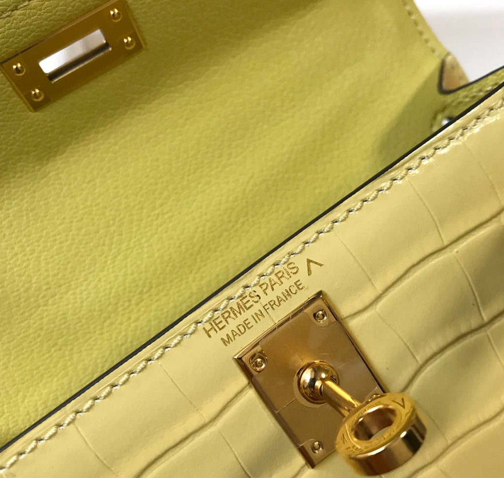 Hermes Kelly Mini II Bag 19 Lemon Yellow Crocodile Leather with Gold Hardware
