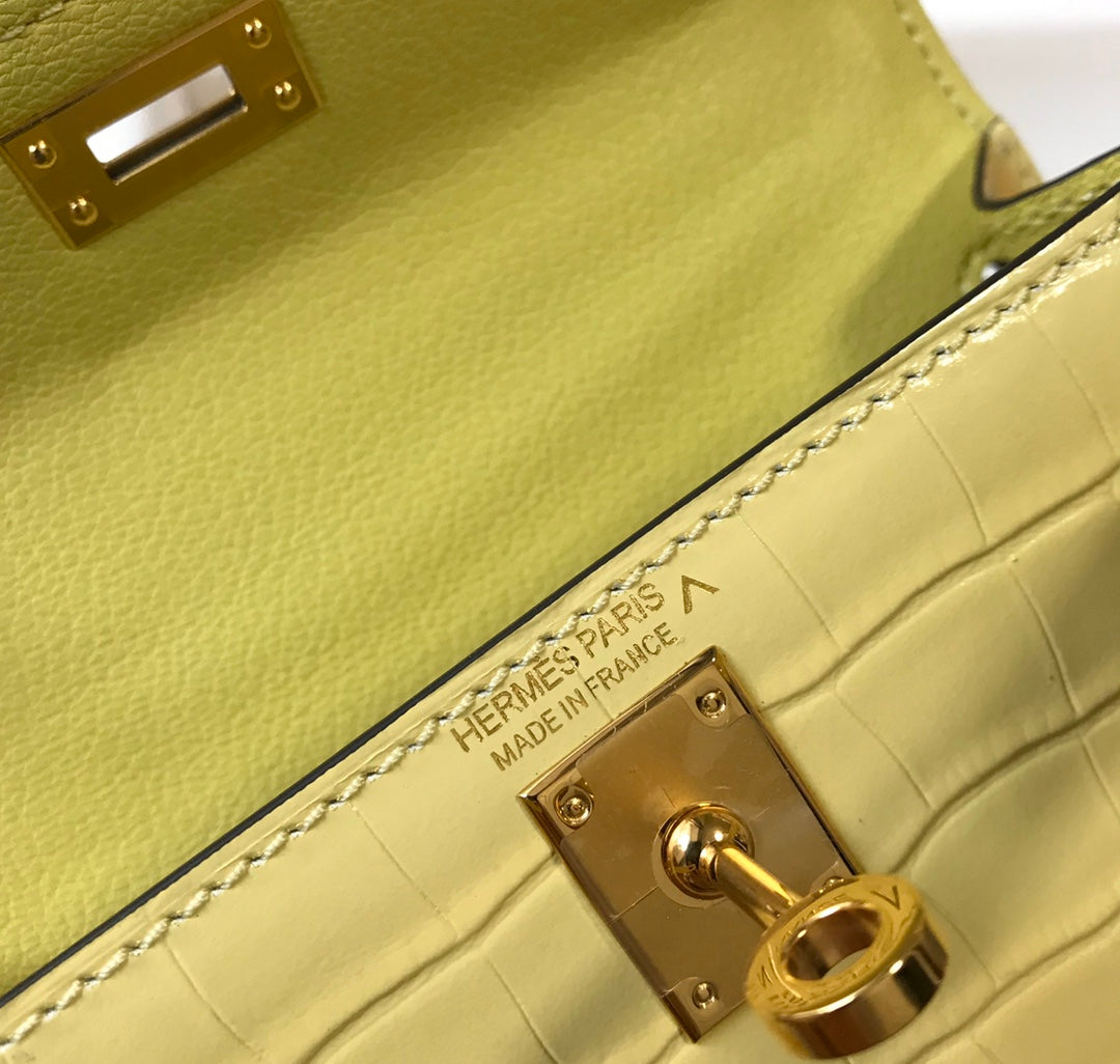 Hermes Kelly Mini II Bag 19 Lemon Yellow Crocodile Leather with Gold Hardware
