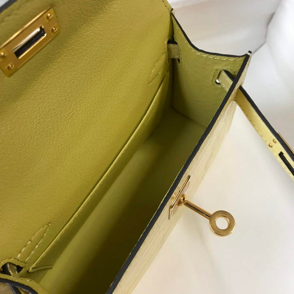 Hermes Kelly Mini II Bag 19 Lemon Yellow Crocodile Leather with Gold Hardware