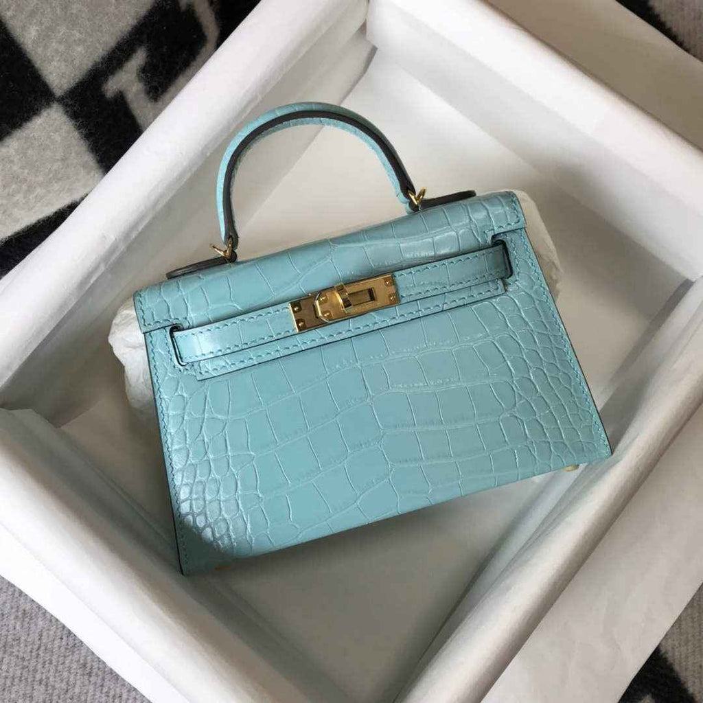 Hermes Kelly Mini II Bag 19 Blue Crocodile Leather with Gold Hardware