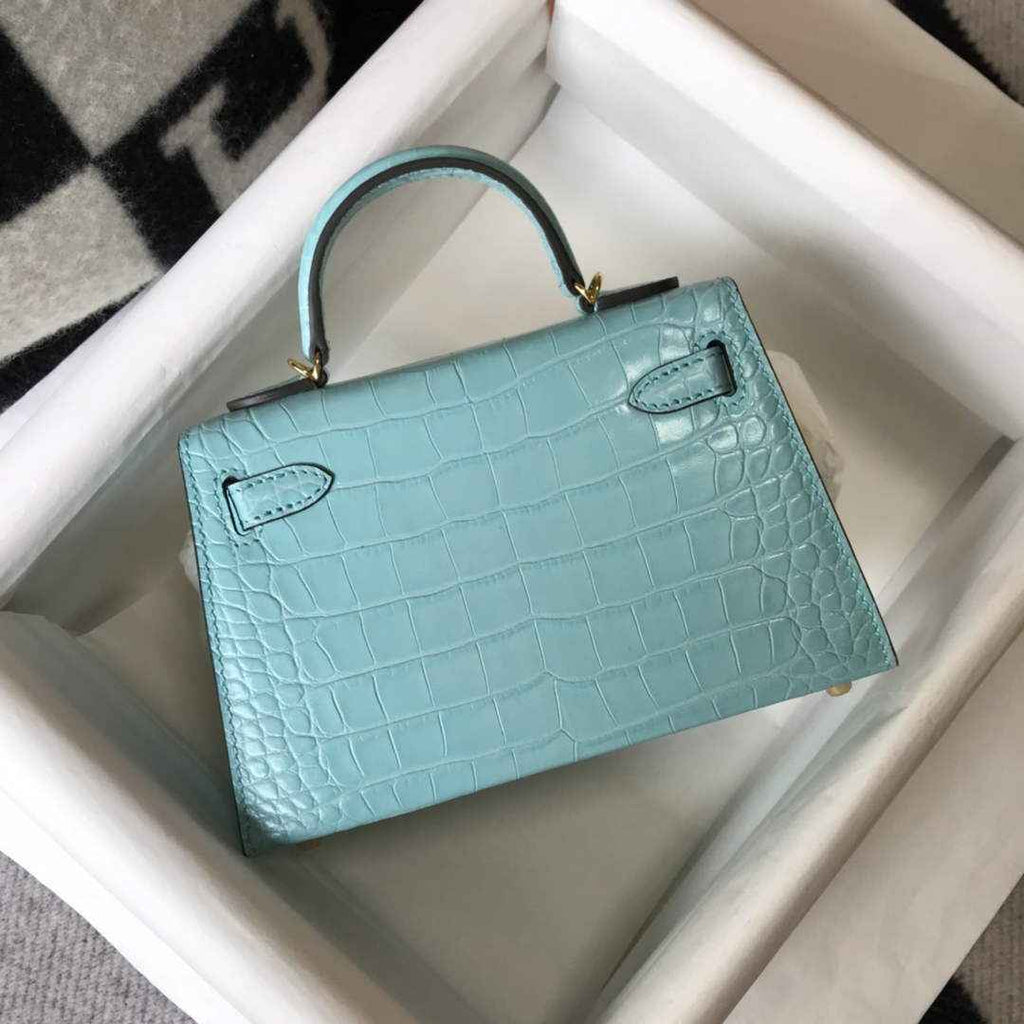 Hermes Kelly Mini II Bag 19 Blue Crocodile Leather with Gold Hardware
