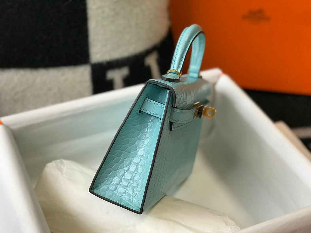 Hermes Kelly Mini II Bag 19 Blue Crocodile Leather with Gold Hardware