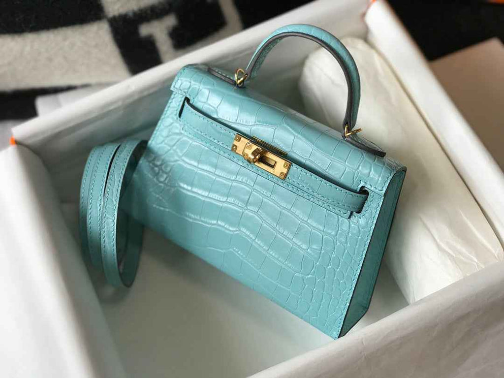 Hermes Kelly Mini II Bag 19 Blue Crocodile Leather with Gold Hardware