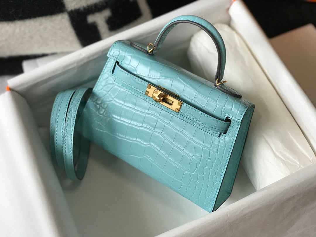 Hermes Kelly Mini II Bag 19 Blue Crocodile Leather with Gold Hardware