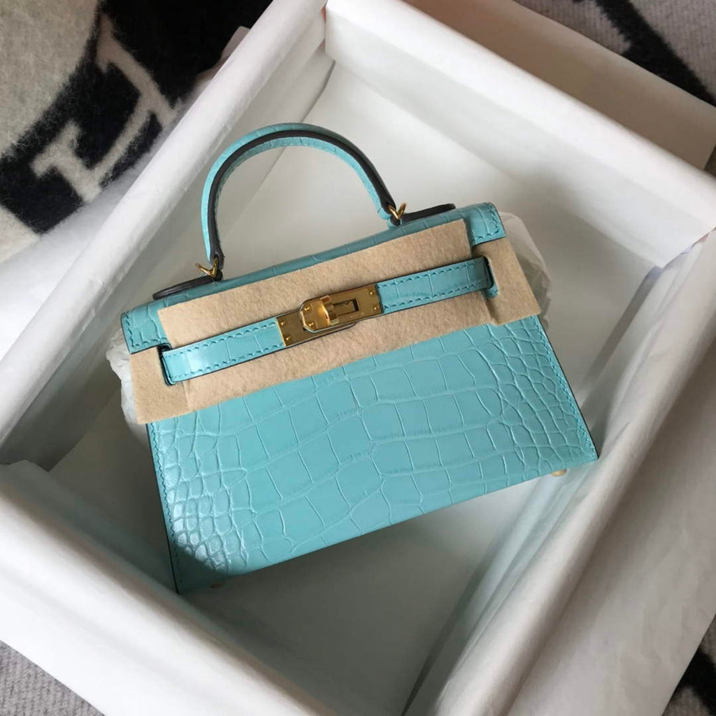 Hermes Kelly Mini II Bag 19 Blue Crocodile Leather with Gold Hardware