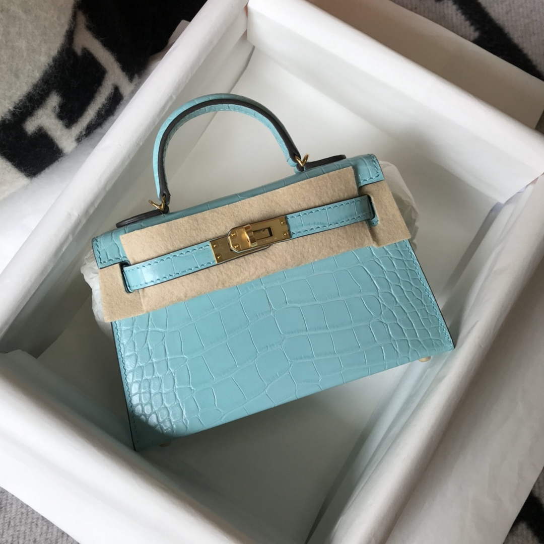 Hermes Kelly Mini II Bag 19 Blue Crocodile Leather with Gold Hardware