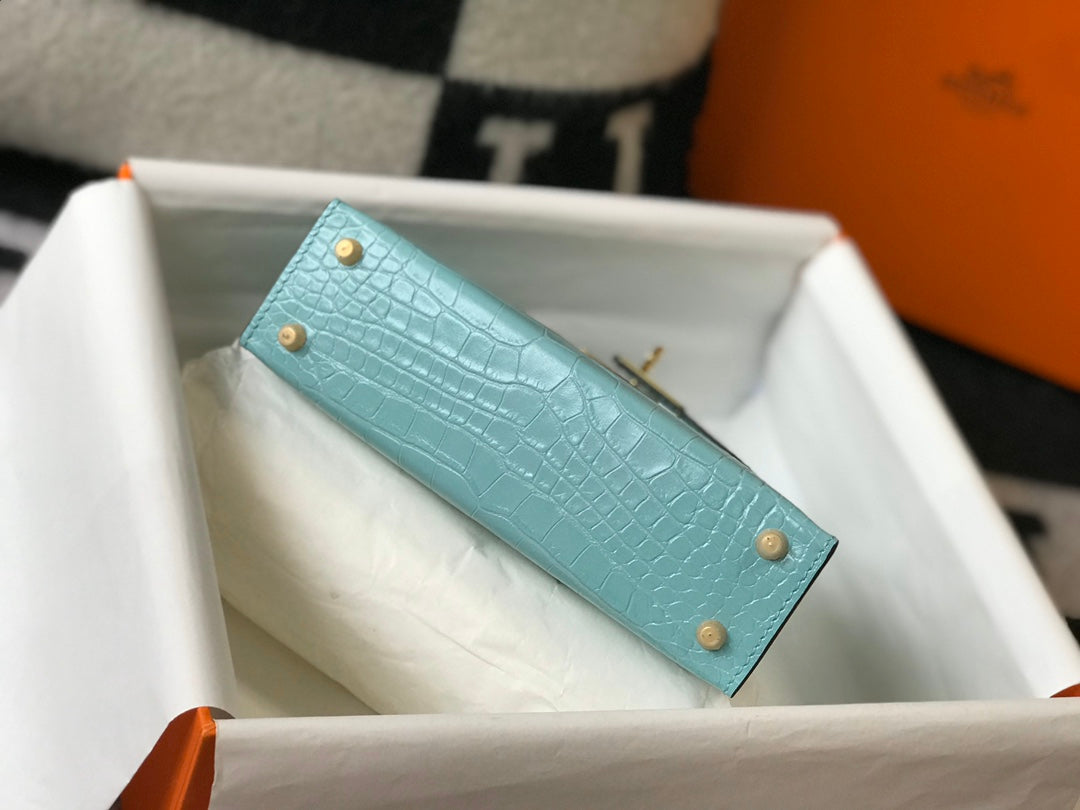 Hermes Kelly Mini II Bag 19 Blue Crocodile Leather with Gold Hardware