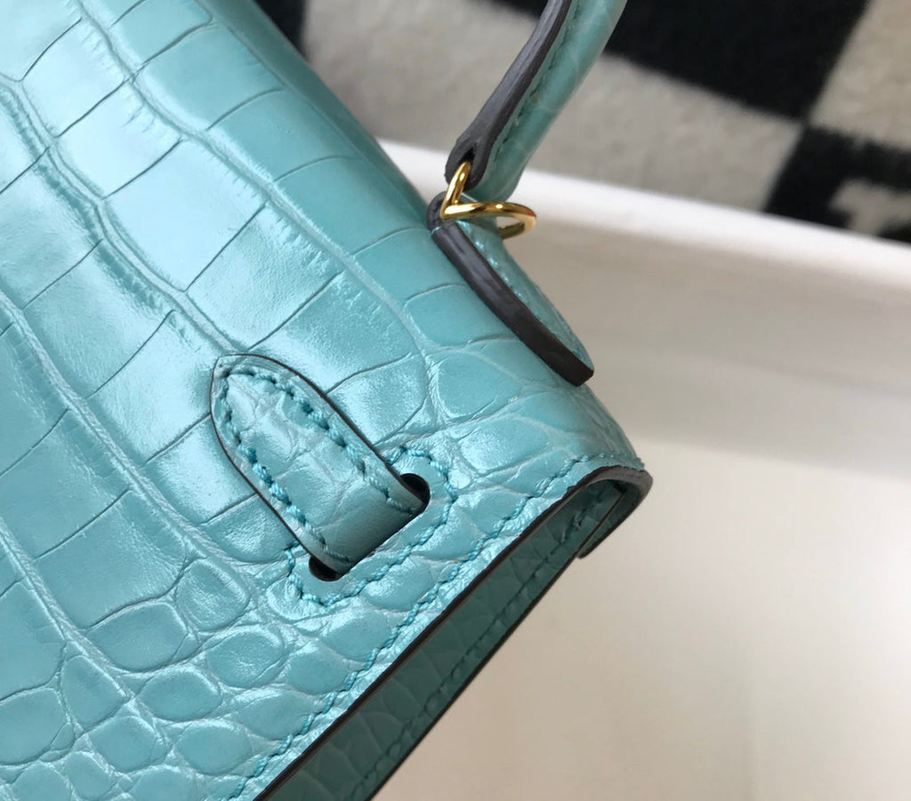 Hermes Kelly Mini II Bag 19 Blue Crocodile Leather with Gold Hardware