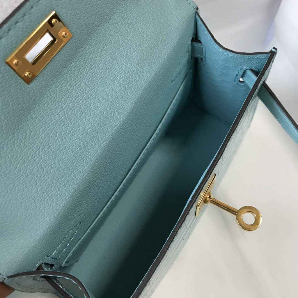 Hermes Kelly Mini II Bag 19 Blue Crocodile Leather with Gold Hardware