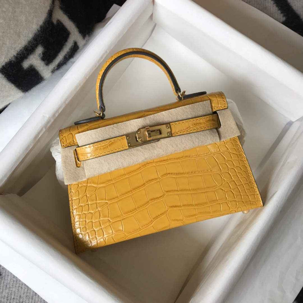 Hermes Kelly Mini II Bag 19 Yellow Crocodile Leather with Gold Hardware