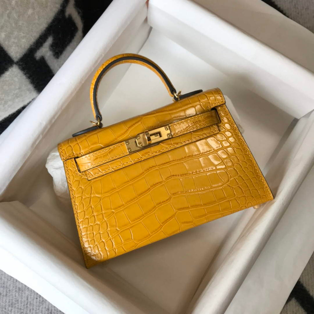 Hermes Kelly Mini II Bag 19 Yellow Crocodile Leather with Gold Hardware
