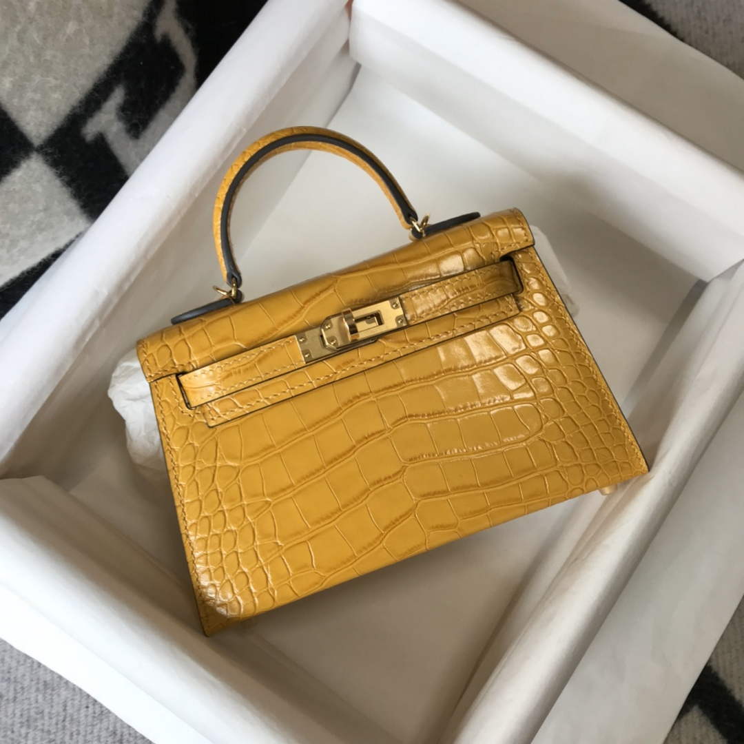 Hermes Kelly Mini II Bag 19 Yellow Crocodile Leather with Gold Hardware