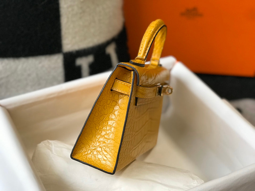 Hermes Kelly Mini II Bag 19 Yellow Crocodile Leather with Gold Hardware