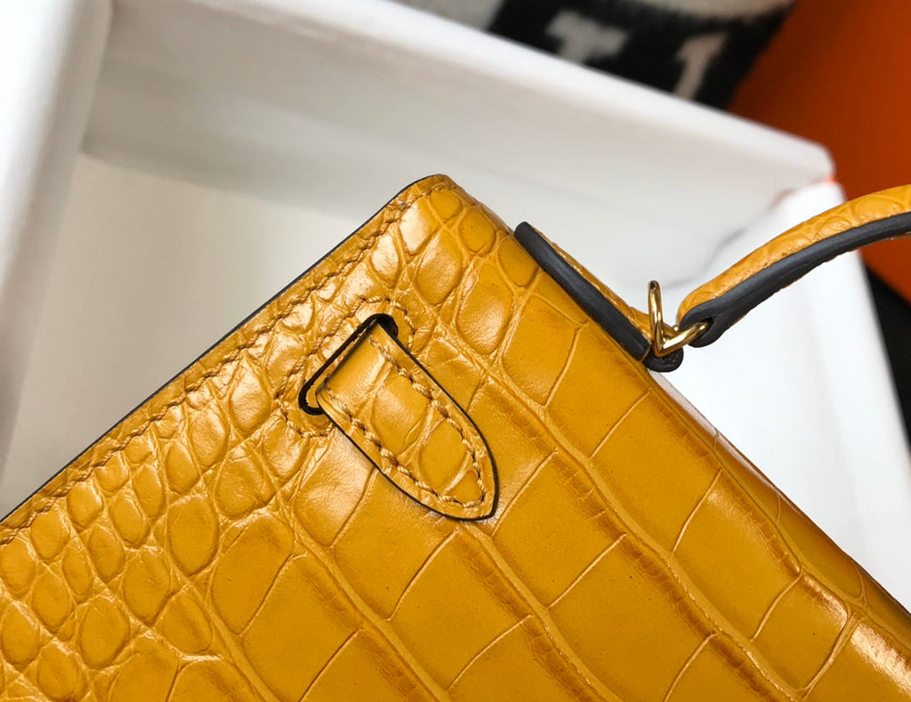 Hermes Kelly Mini II Bag 19 Yellow Crocodile Leather with Gold Hardware