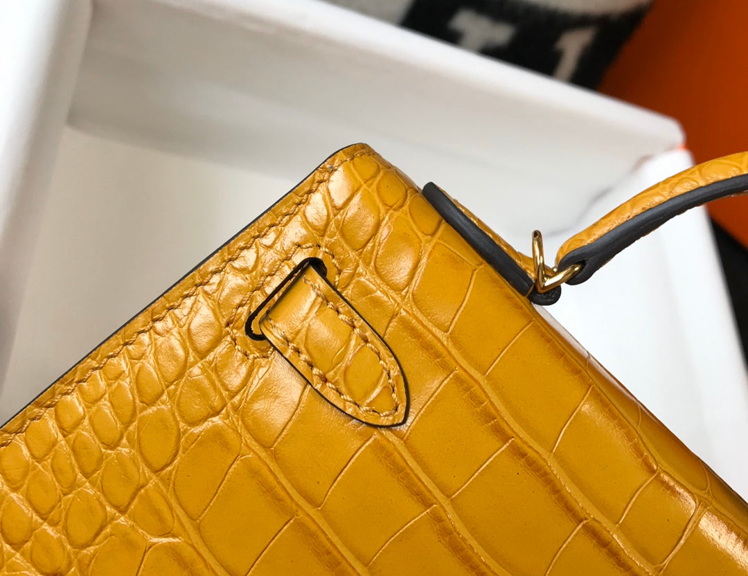 Hermes Kelly Mini II Bag 19 Yellow Crocodile Leather with Gold Hardware
