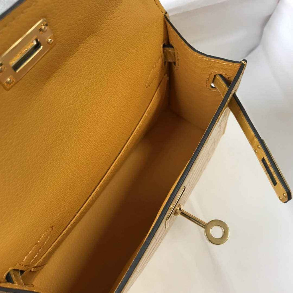 Hermes Kelly Mini II Bag 19 Yellow Crocodile Leather with Gold Hardware