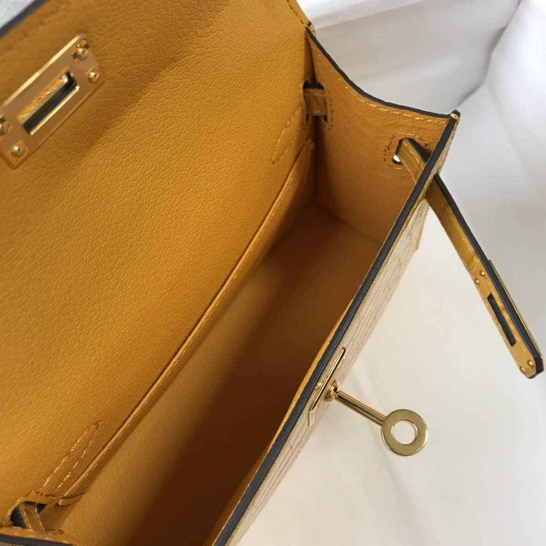 Hermes Kelly Mini II Bag 19 Yellow Crocodile Leather with Gold Hardware