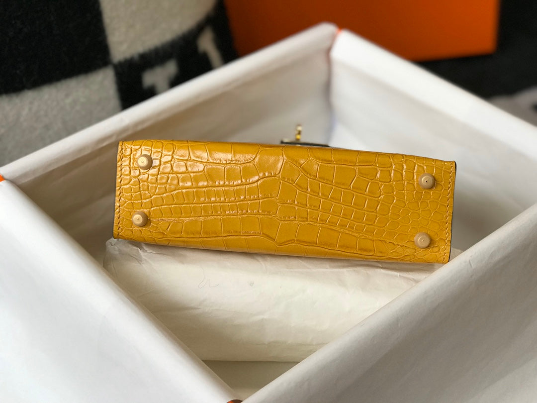 Hermes Kelly Mini II Bag 19 Yellow Crocodile Leather with Gold Hardware