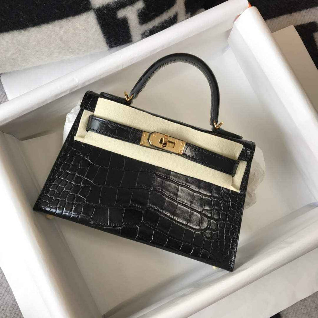 Hermes Kelly Mini II Bag 19 Gold Hardware with Crocodile Leather Black