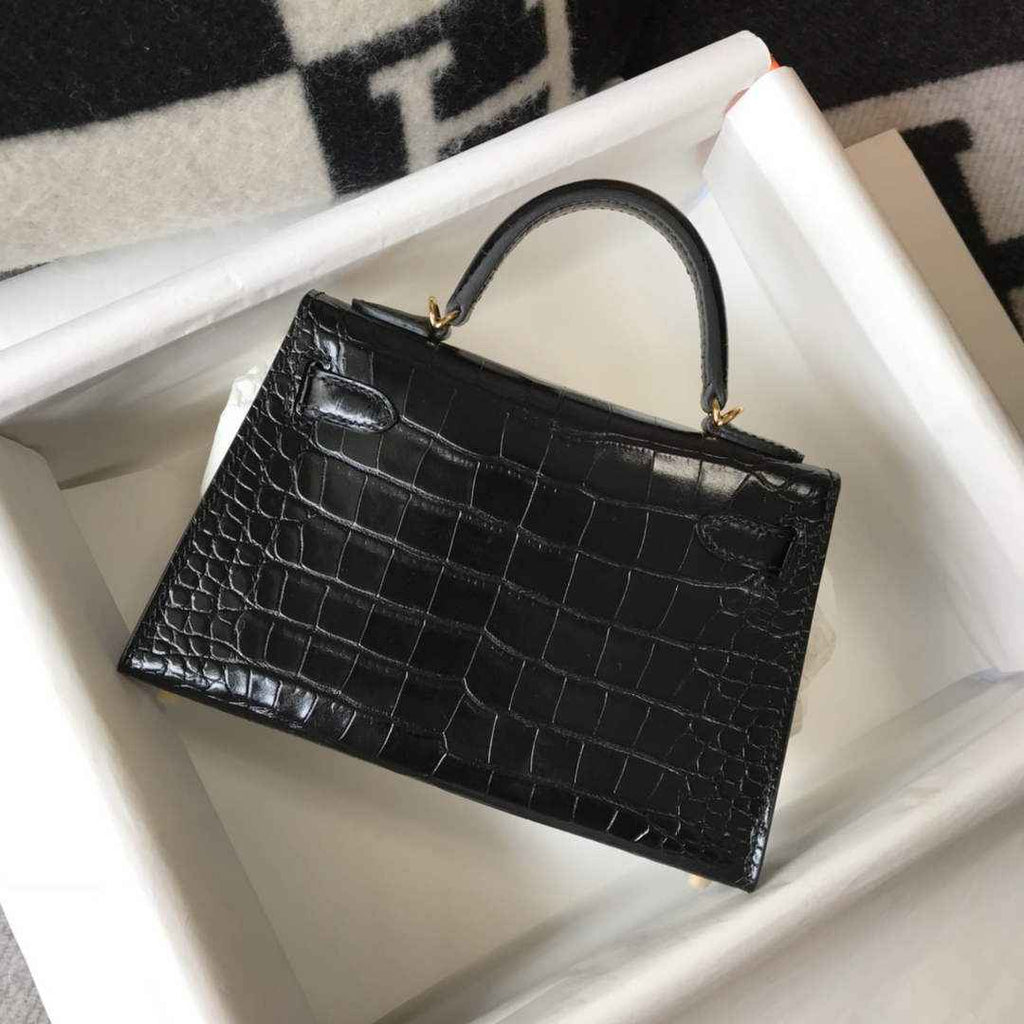 Hermes Kelly Mini II Bag 19 Gold Hardware with Crocodile Leather Black