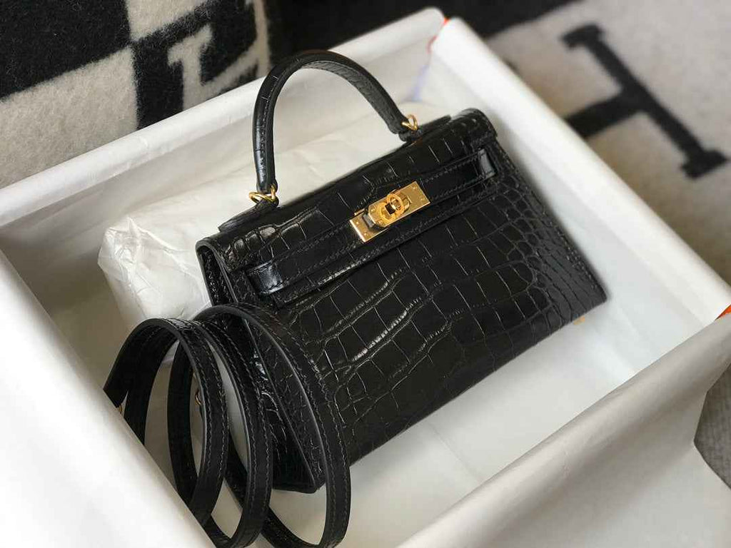 Hermes Kelly Mini II Bag 19 Gold Hardware with Crocodile Leather Black