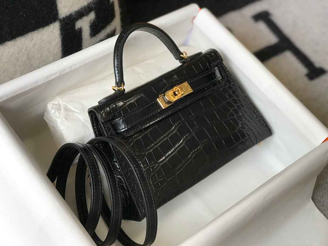 Hermes Kelly Mini II Bag 19 Gold Hardware with Crocodile Leather Black