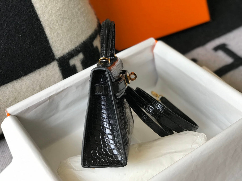 Hermes Kelly Mini II Bag 19 Gold Hardware with Crocodile Leather Black