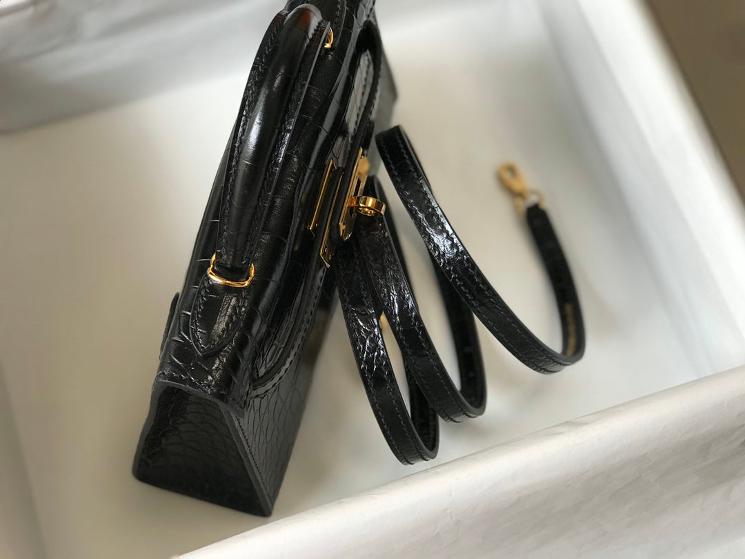 Hermes Kelly Mini II Bag 19 Gold Hardware with Crocodile Leather Black