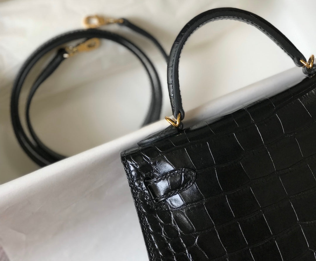 Hermes Kelly Mini II Bag 19 Gold Hardware with Crocodile Leather Black