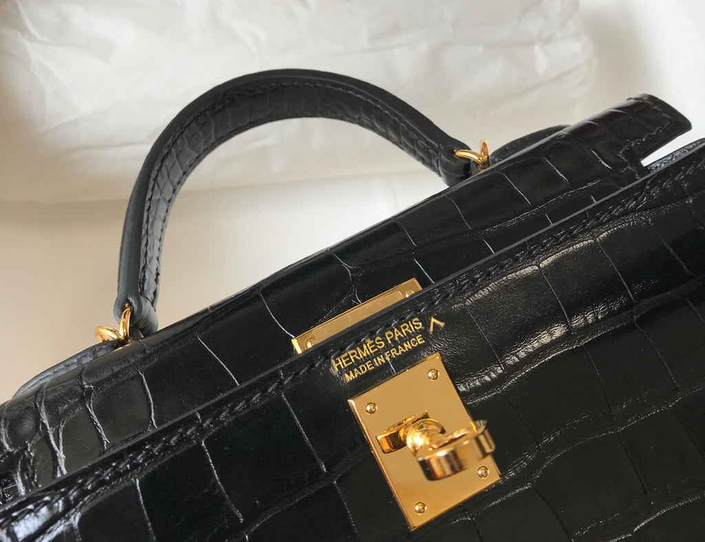 Hermes Kelly Mini II Bag 19 Gold Hardware with Crocodile Leather Black
