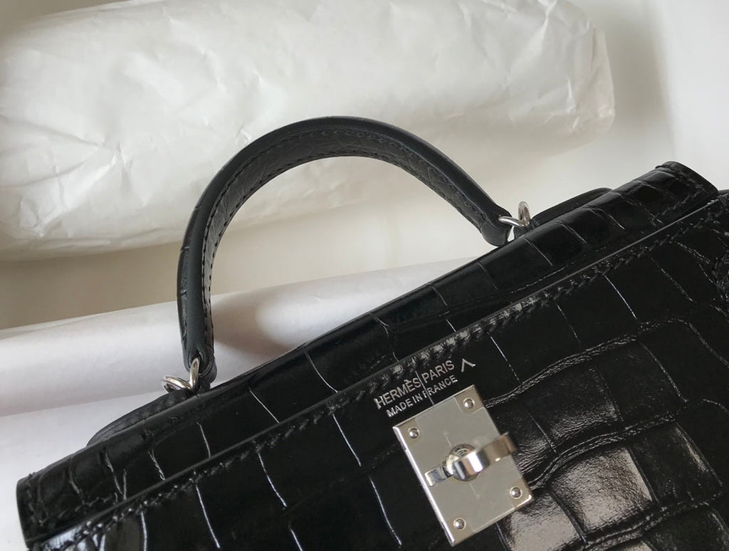 Hermes Kelly Mini II Bag 19 Silver Hardware with Crocodile Leather Black