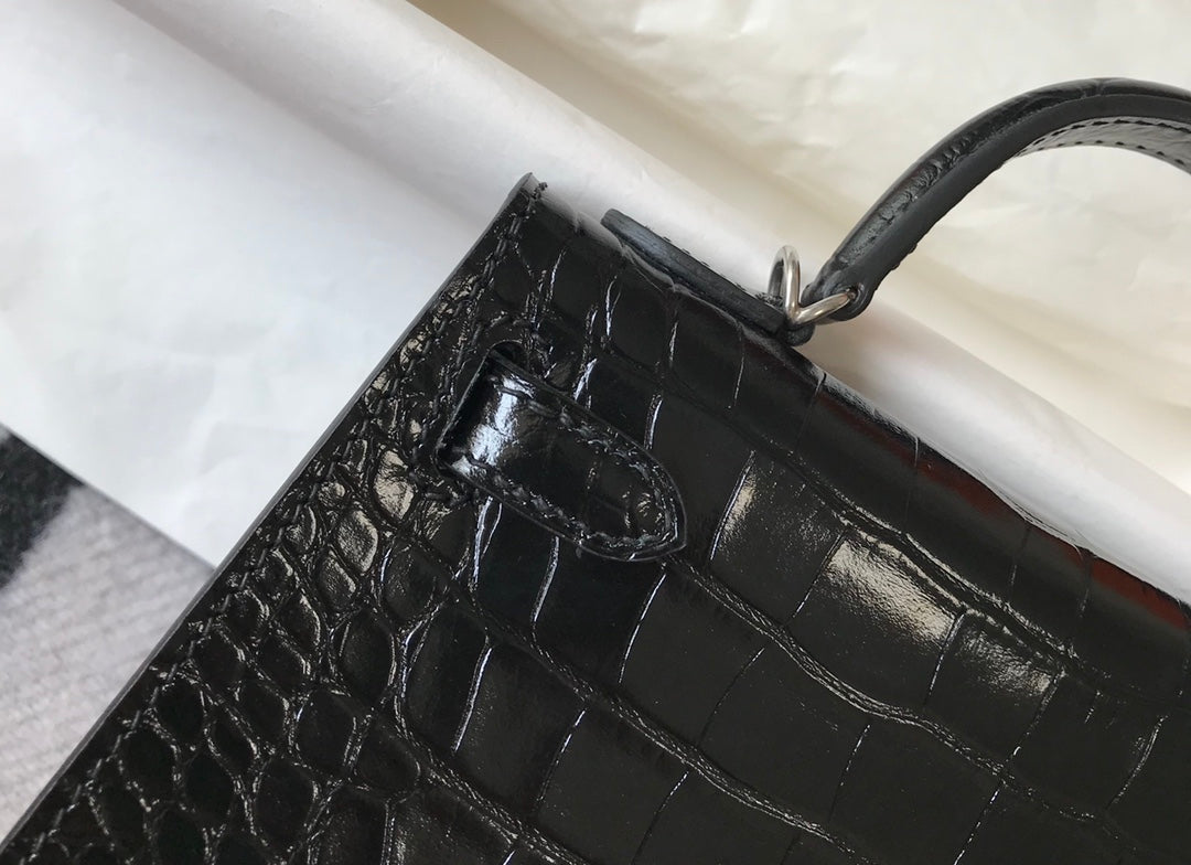 Hermes Kelly Mini II Bag 19 Silver Hardware with Crocodile Leather Black