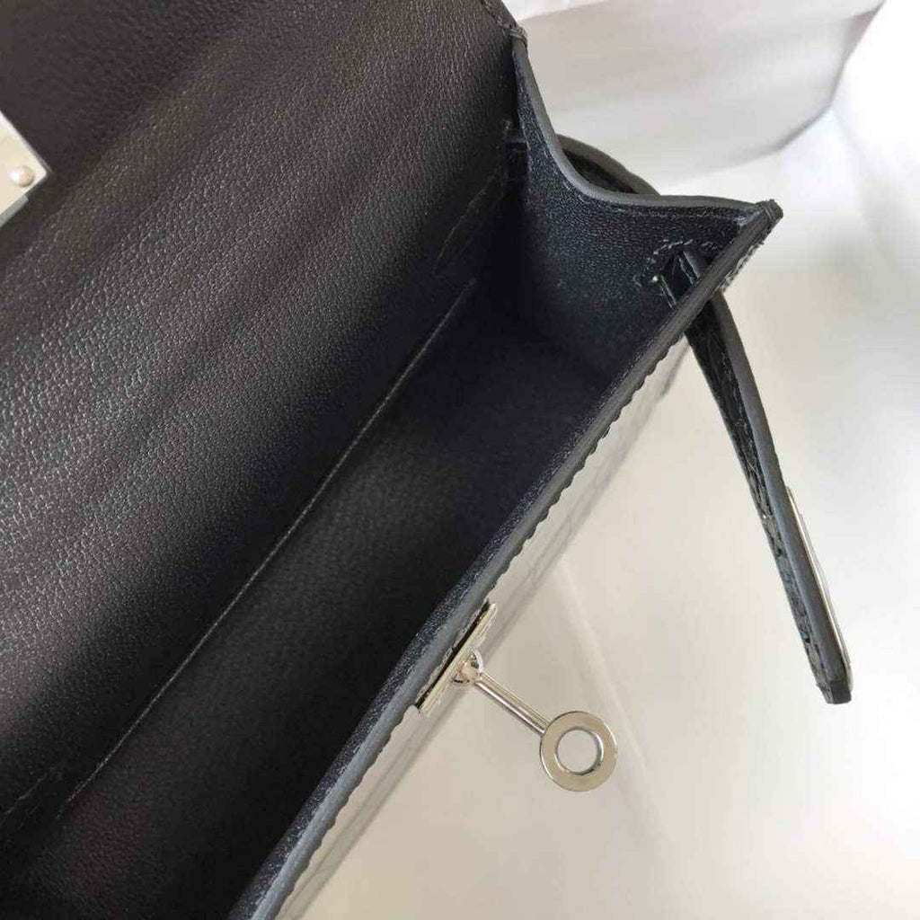 Hermes Kelly Mini II Bag 19 Silver Hardware with Crocodile Leather Black