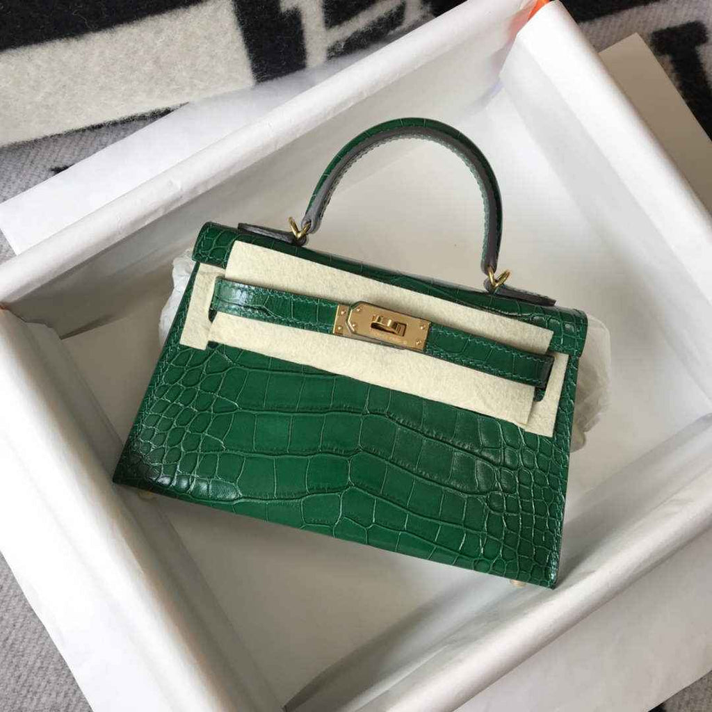 Hermes Kelly Mini II Bag 19 Gold Hardware with Green Crocodile Leather