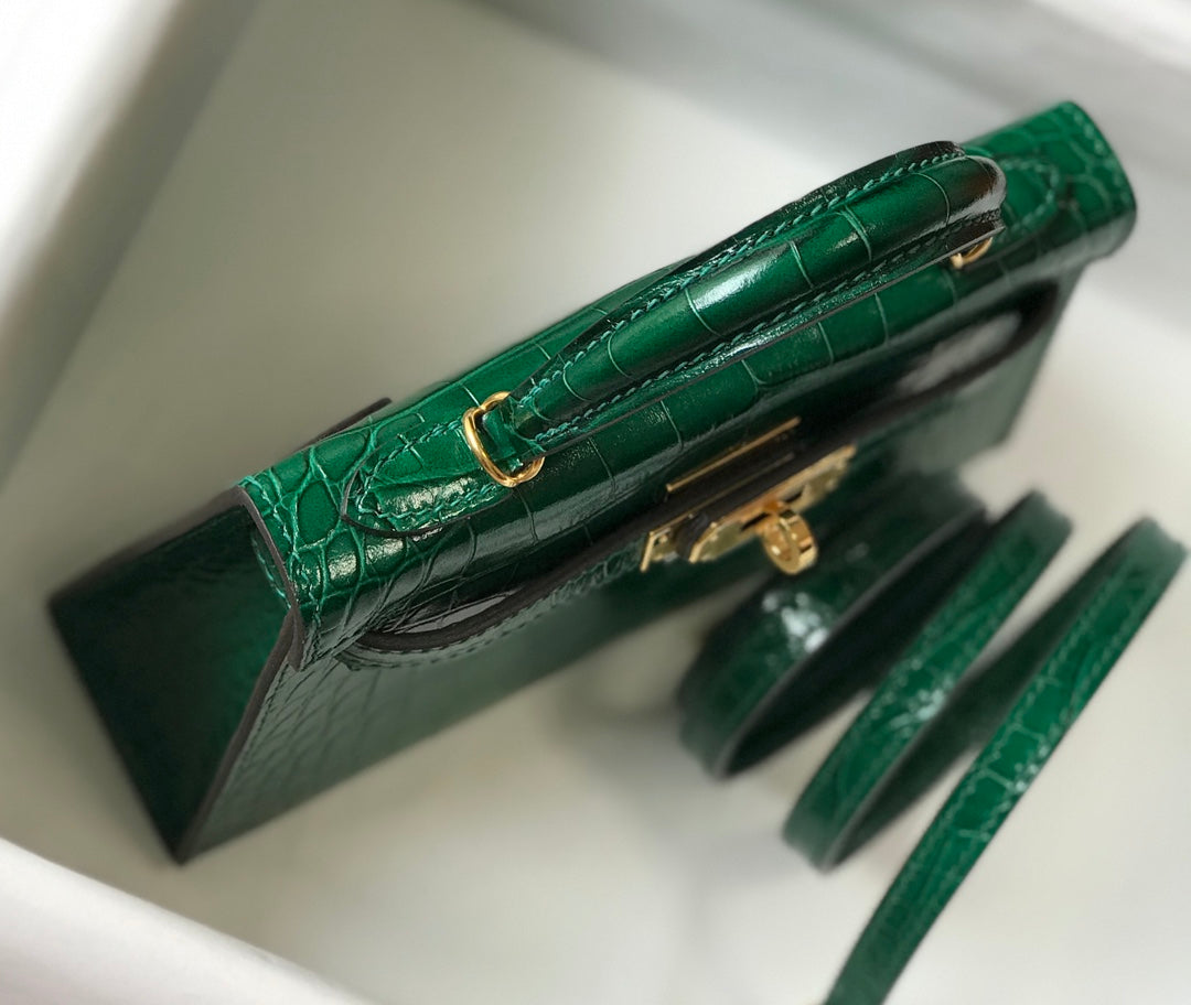 Hermes Kelly Mini II Bag 19 Gold Hardware with Green Crocodile Leather