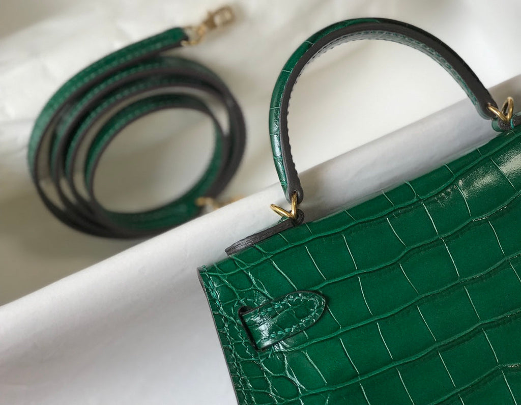 Hermes Kelly Mini II Bag 19 Gold Hardware with Green Crocodile Leather