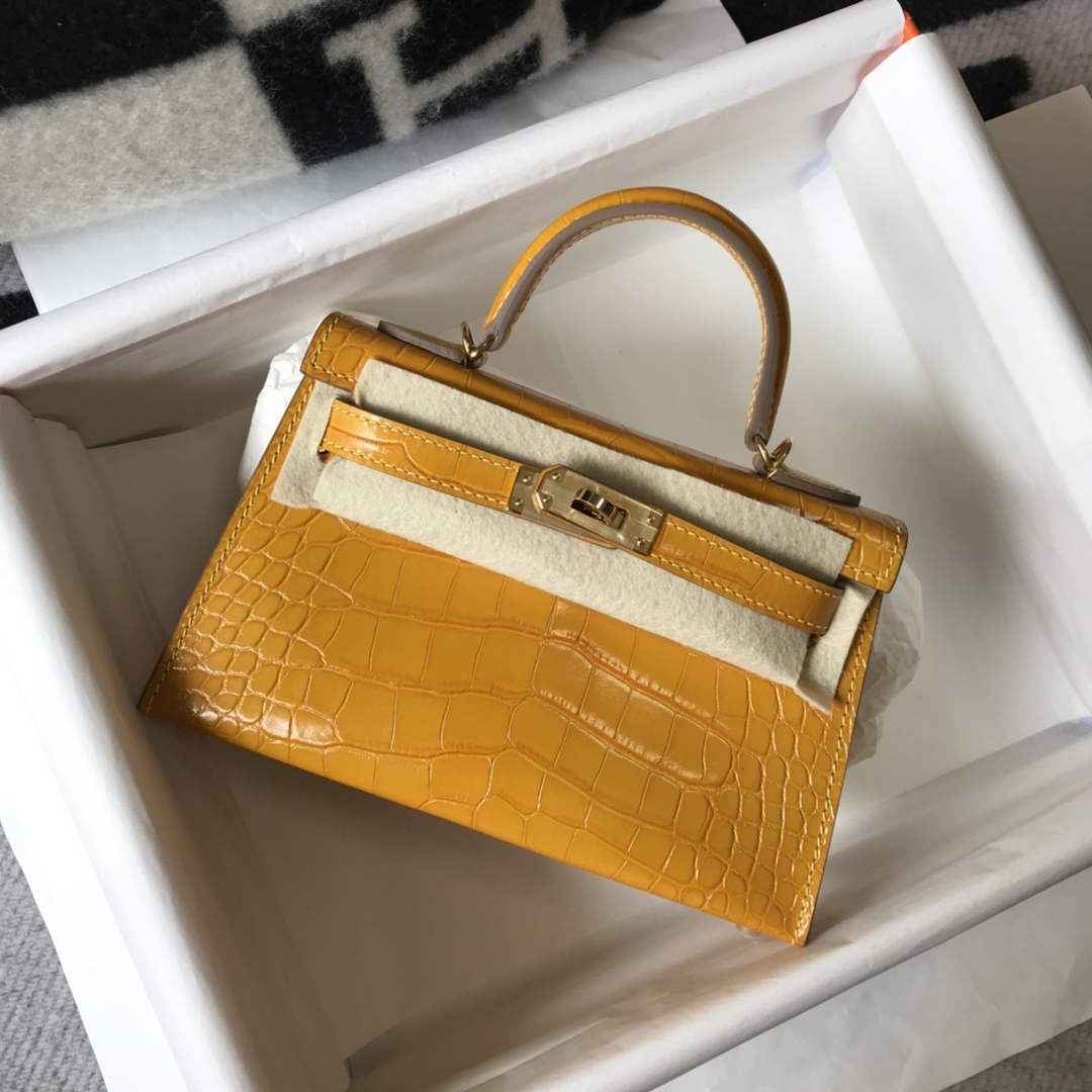 Hermes Kelly Mini II Bag 19 Yellow Crocodile Leather with Gold Hardware