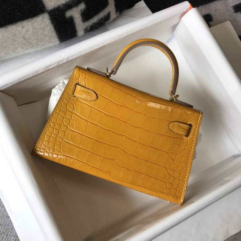 Hermes Kelly Mini II Bag 19 Yellow Crocodile Leather with Gold Hardware