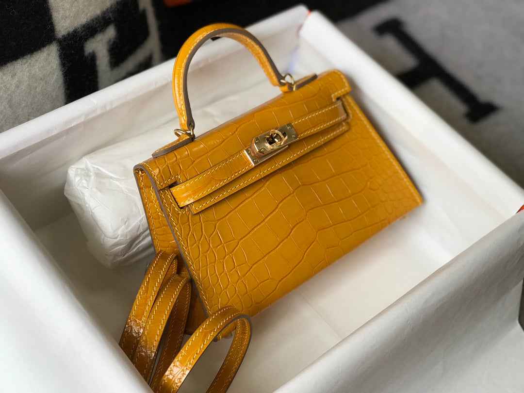 Hermes Kelly Mini II Bag 19 Yellow Crocodile Leather with Gold Hardware