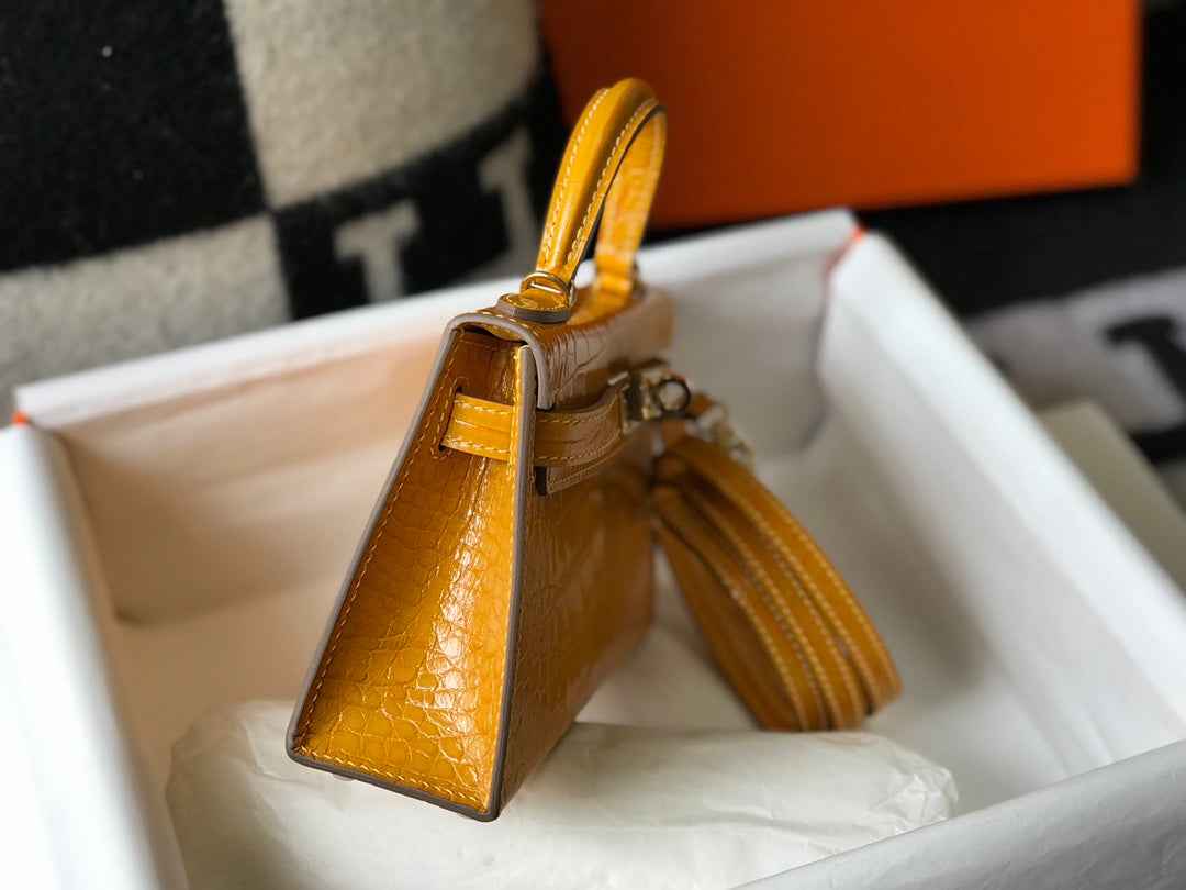 Hermes Kelly Mini II Bag 19 Yellow Crocodile Leather with Gold Hardware